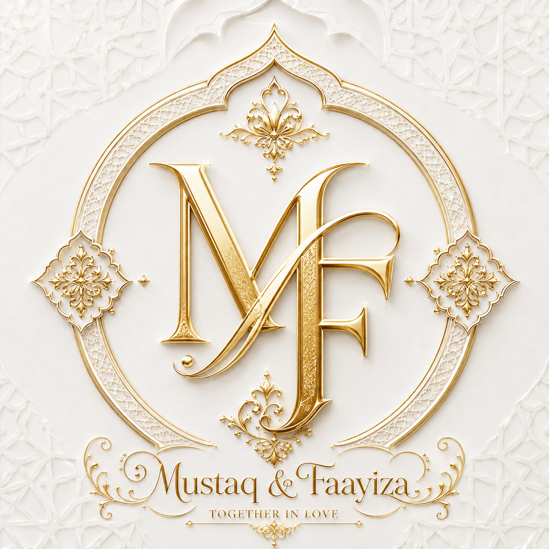 Mustaq and Faayiza intertwined gold MF monogram with Islamic arch